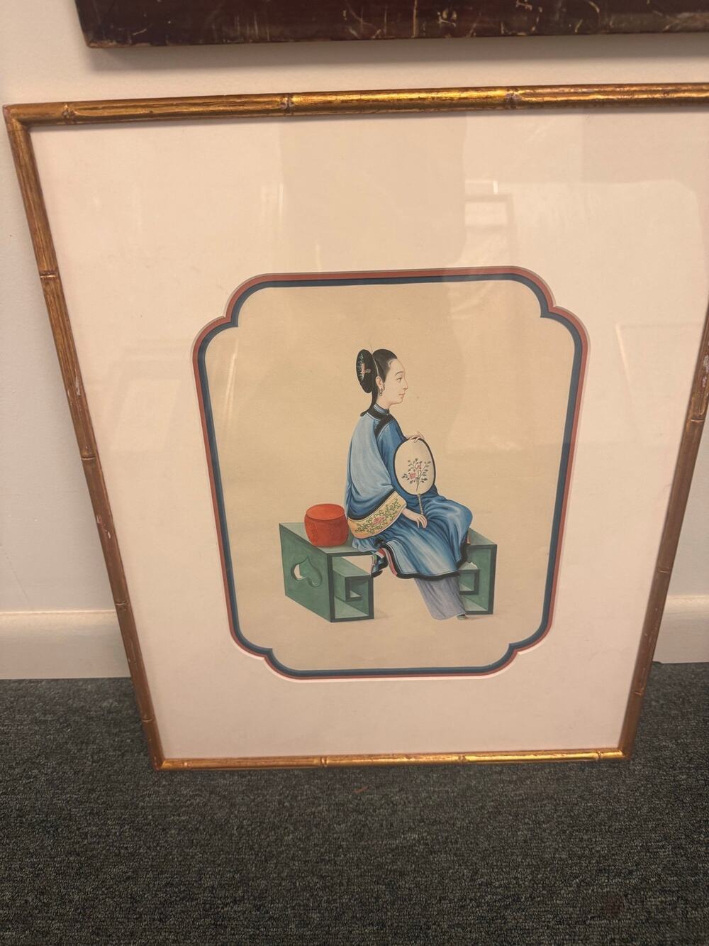 19th-century Chinese Export Painting Woman Seated on Garden Stool 21.5X17.5"